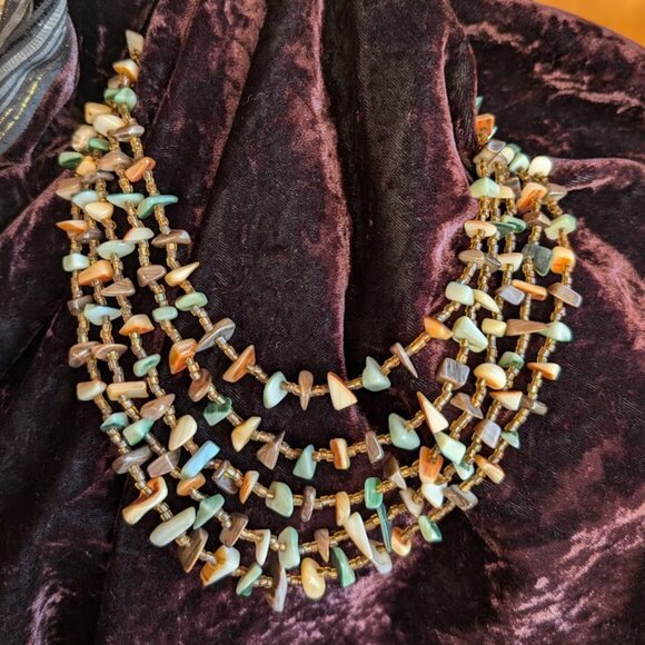 Vintage Multi-strand Shell & Glass Bead Necklace, Made in Japan - Southwest Hues - Picture 2 of 16